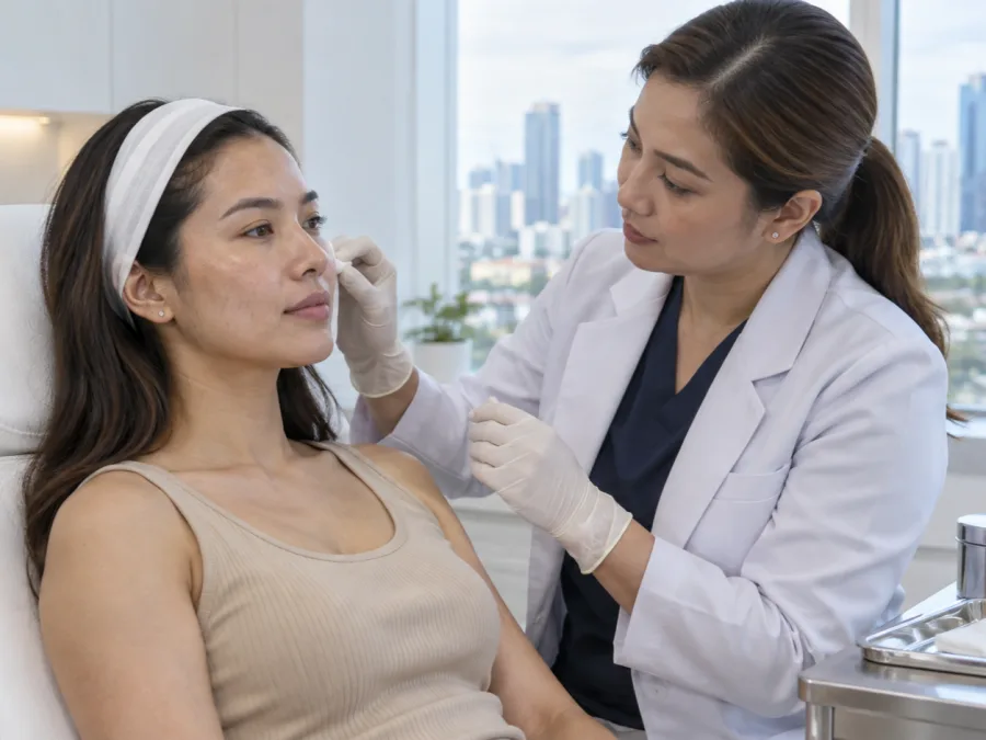 A clinician preparing an adult Filipina patient for a cheek-area skin-booster treatment